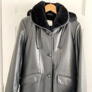 NUAGE Faux Leather Hooded Brown Winter Coat with Plush Lining